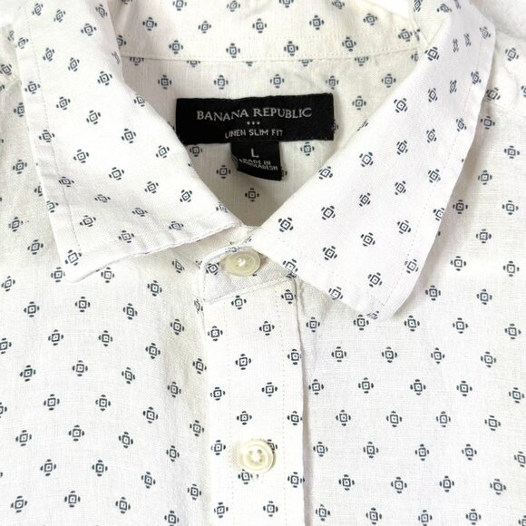 Banana Republic Factory Linen Blend Slim Fit Geometric Button Up Shirt Mens L - Picture 2 of 7